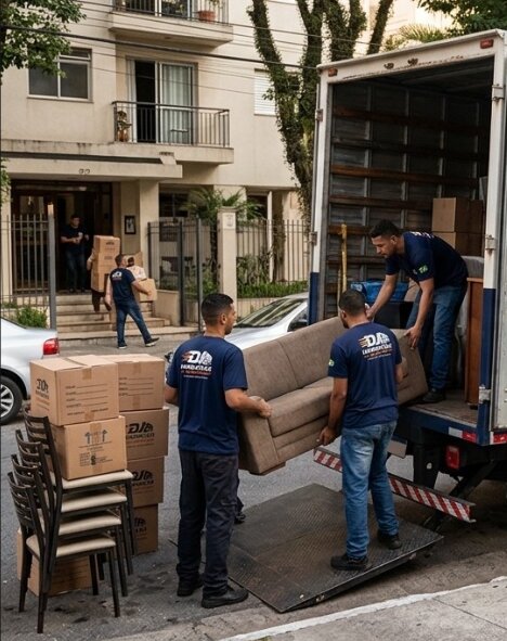 Equipe da Djalma Mudanças descarregando móveis do caminhão